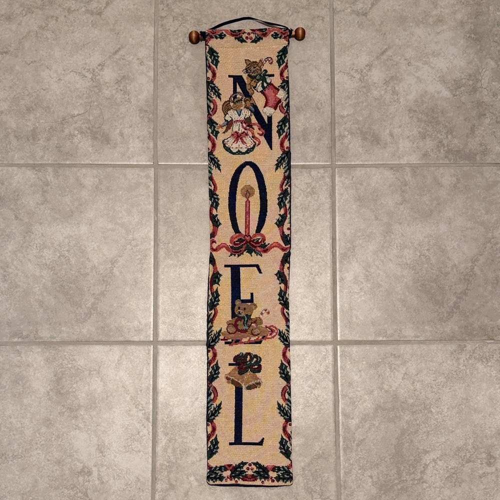 Vintage NOEL Needlepoint Vertical Tapestry Wall Hanging in Cream and Navy